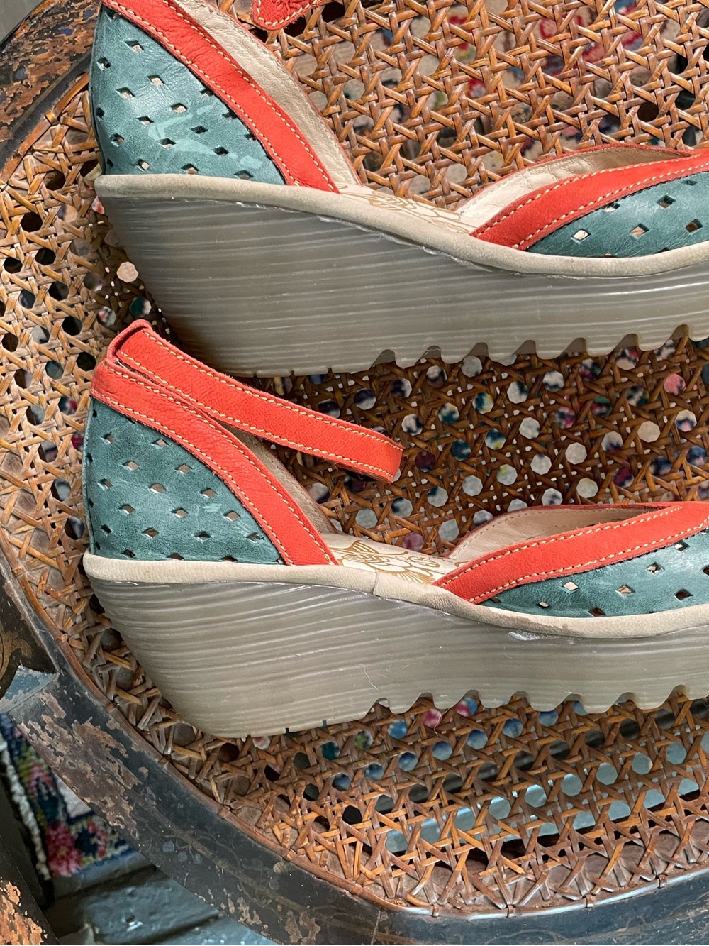 Fly London Two-Tone Green and Red Suede Ankle-Strap Wedge Sandals - Picture 8 of 9